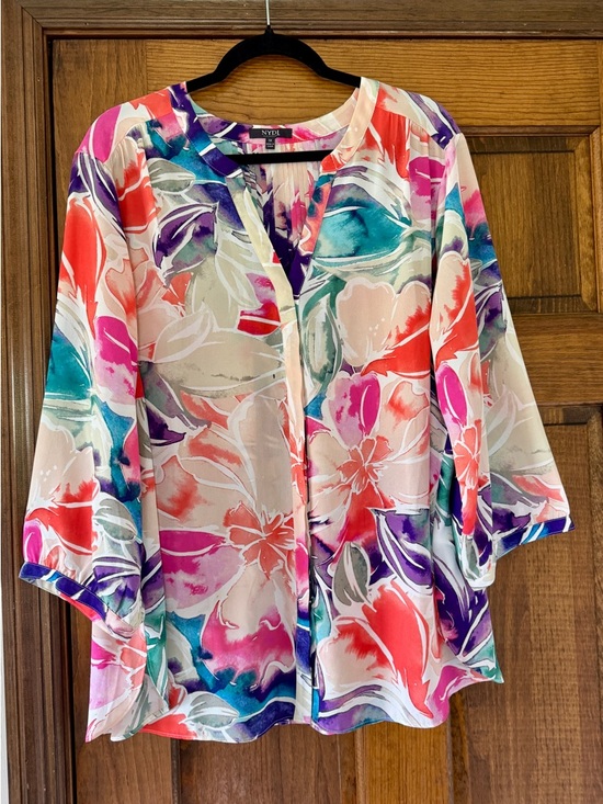 NYDJ Tops - NYDJ Pintuck Floral Blouse with Pink, Coral & Teal Accents